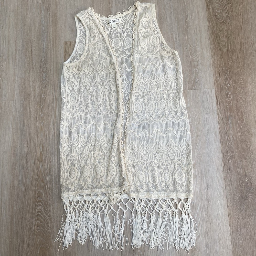 Say What? Cream Lace Crochet Boho Fringe Vest Coachella Fairycore Cardigan SZ M